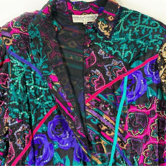 Vintage Judith Ann Creations 100% Silk Floral Patterns Embellished Maxi Dress M - Picture 7 of 16